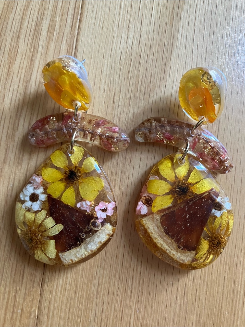 Yellow Floral Resin Drop Earrings with Gold Accents - Handmade from Australia